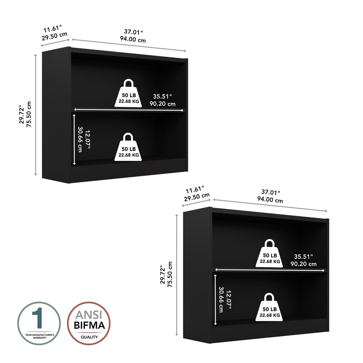 Bush Furniture Universal Black 2 Shelf Bookcase Set - Versatile Storage and Display for Home Office or Living Room Bush Business Furniture