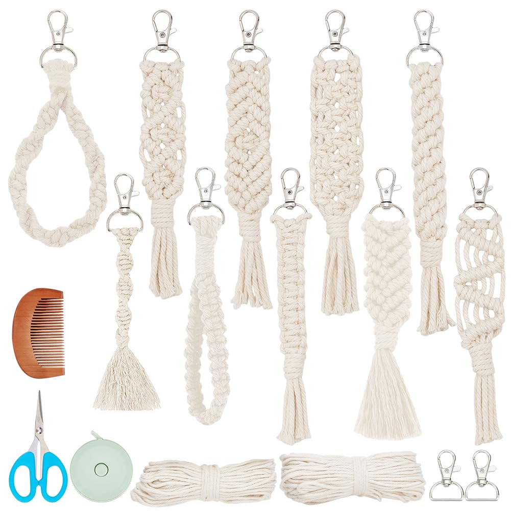 INFUNLY 10 Sets DIY Macrame Keychain Kit for Adults Boho Macrame Wristlet Keychain Kit Handmade Macrame Tassel Keyring Kit with Instruction for Beginners Car Key Charm Women Gift Phone Wallet INFUNLY