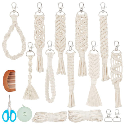 INFUNLY 10 Sets DIY Macrame Keychain Kit for Adults Boho Macrame Wristlet Keychain Kit Handmade Macrame Tassel Keyring Kit with Instruction for Beginners Car Key Charm Women Gift Phone Wallet