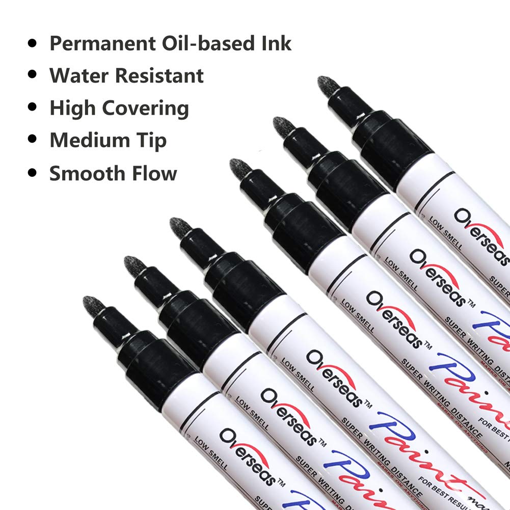 Black Paint Markers Pens - Single color 6 Pack Permanent Oil Based Paint Pen, Medium Tip, Quick Dry and Waterproof Marker for Rock, Wood, Fabric, Plastic, Canvas, Glass, Mugs, Canvas, Glass Overseas