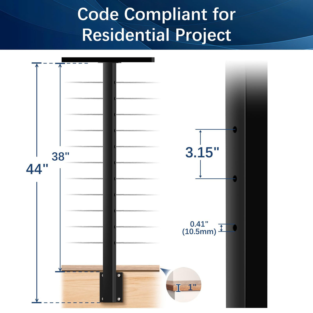Gyykzz Side Mount Cable Railing Post 36" (Post Body 44"), Level Drilled Space-Saving Rail Post with 11 Holes, Stainless Steel Fascia Mount Cable Railing Kit System, Black Indoor Outdoor Deck Post Gyykzz