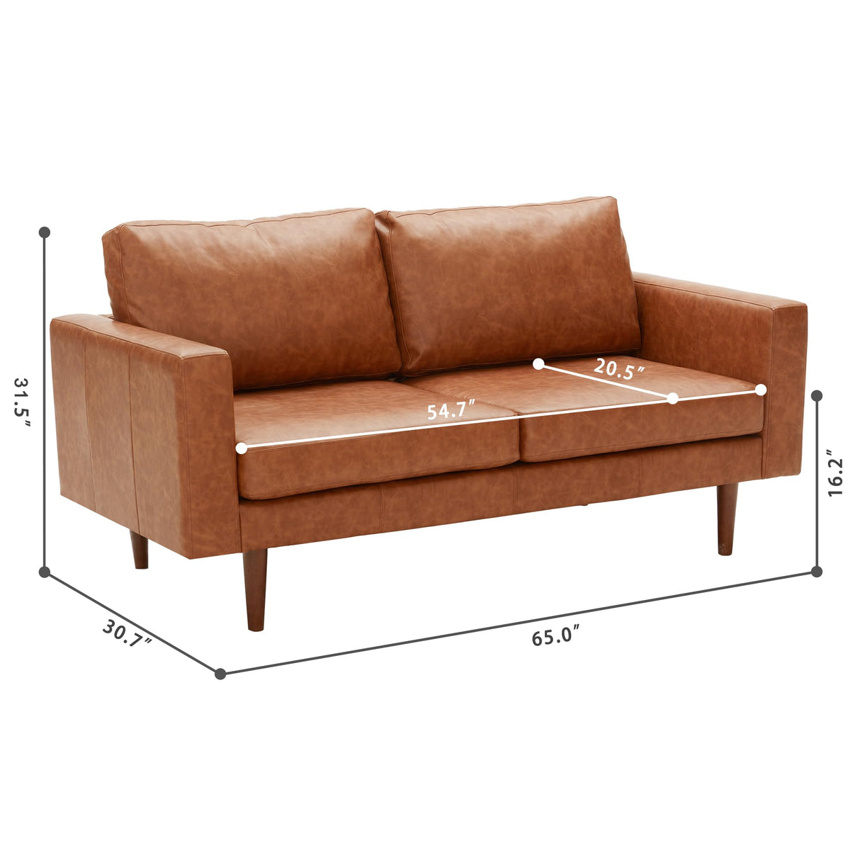 Kingfun 65" Loveseat Sofa, Love Seat, Faux Leather Sofa, Mid Century Modern Couch with Solid Wood Frame for Living Room & Bedroom, Brown Kingfun