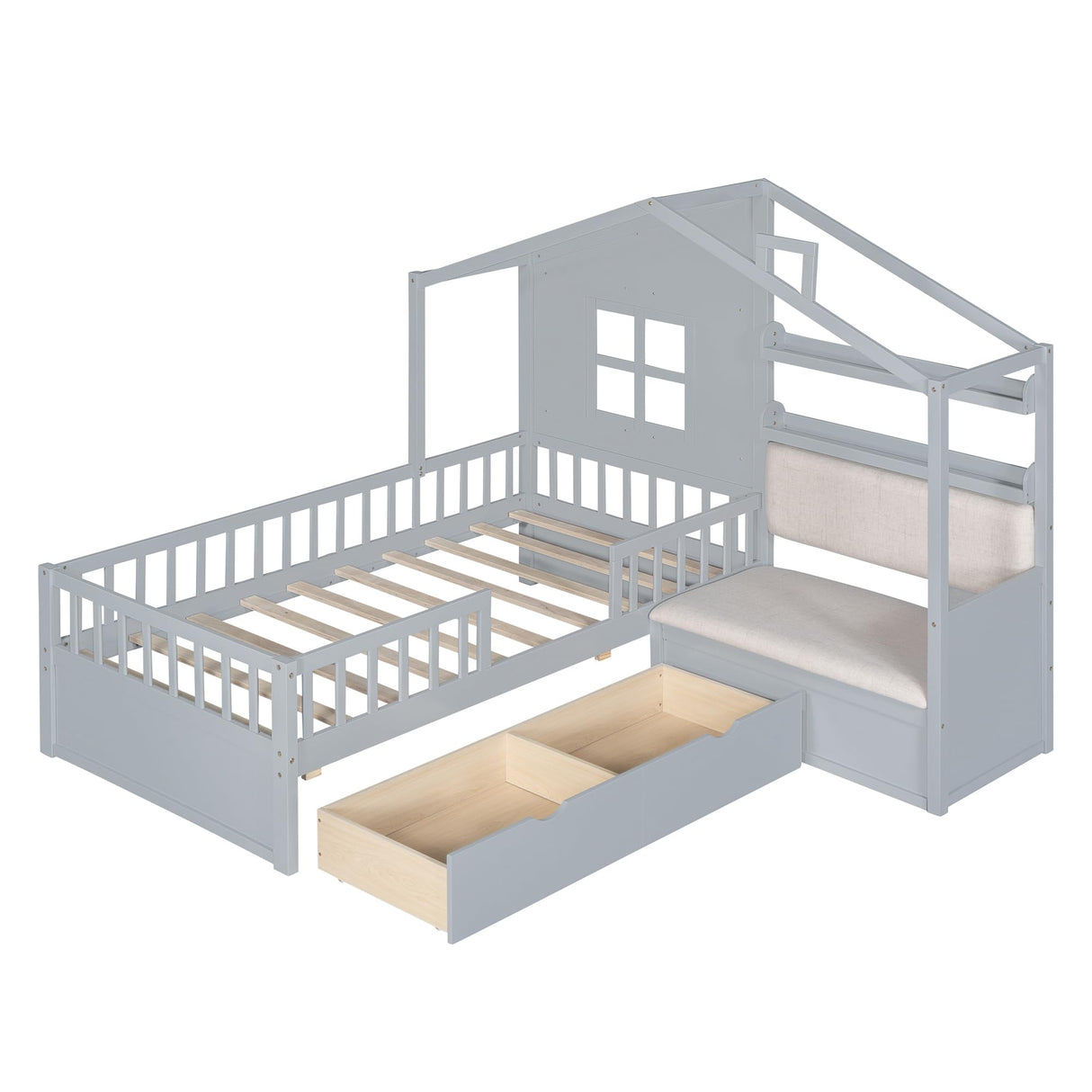 Kids Twin House Bed Frame with Upholstered Sofa and Storage Drawers in Grey Bellemave