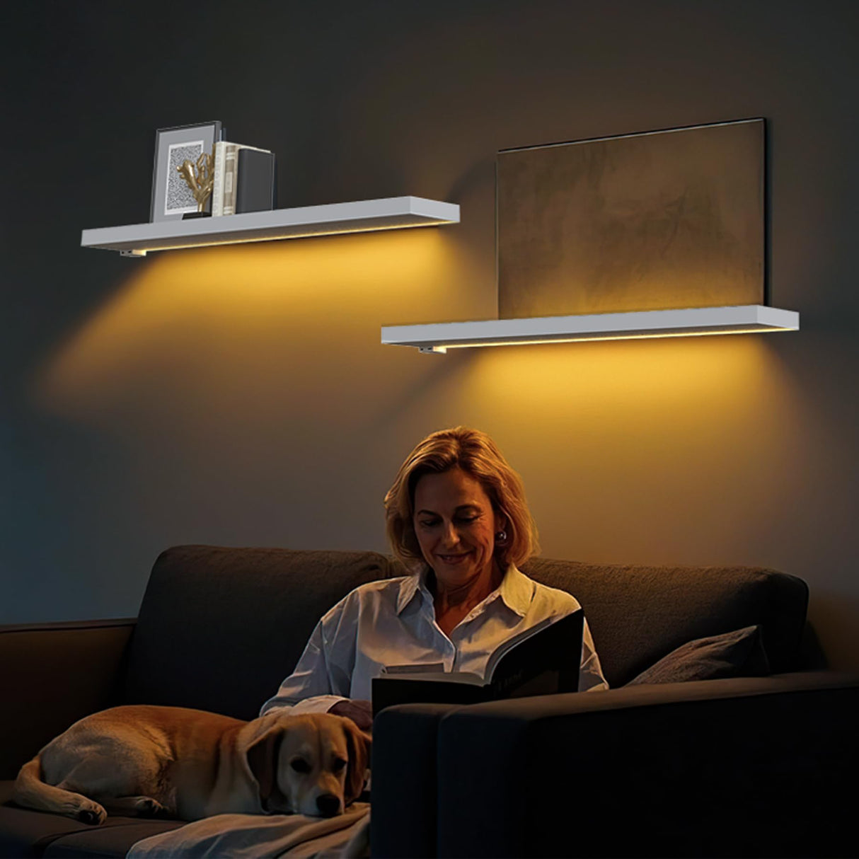 BAMEOS Floating Shelves with LED Lights, 31" White Wall Mounted Wooden Shelves with Invisible Brackets, Set of 2, Hanging Wall Shelves for Bedroom, Bathroom, Living Room and Kitchen Decoration BAMEOS