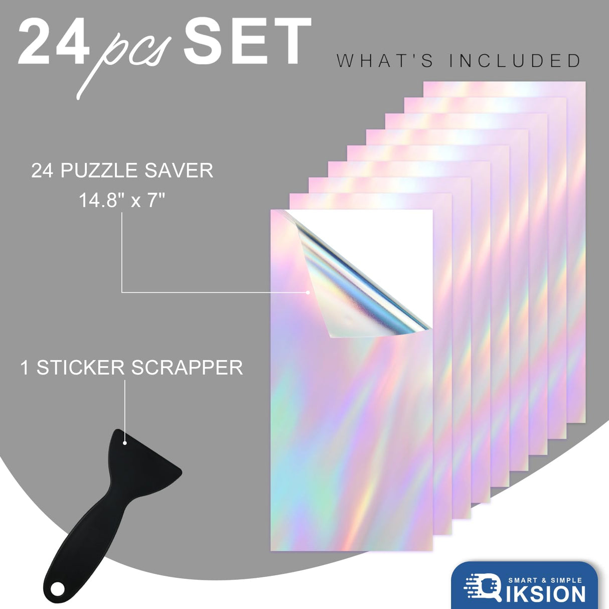 Puzzle Glue Sheets for 4 X 1000 Puzzles, 24 Sheets Iridescent Puzzle Saver, Shiny Laser Puzzle Saver Sheets Peel and Stick, Holographic Foil Puzzle Glue and Frame No Stress & No Mess QIKSION