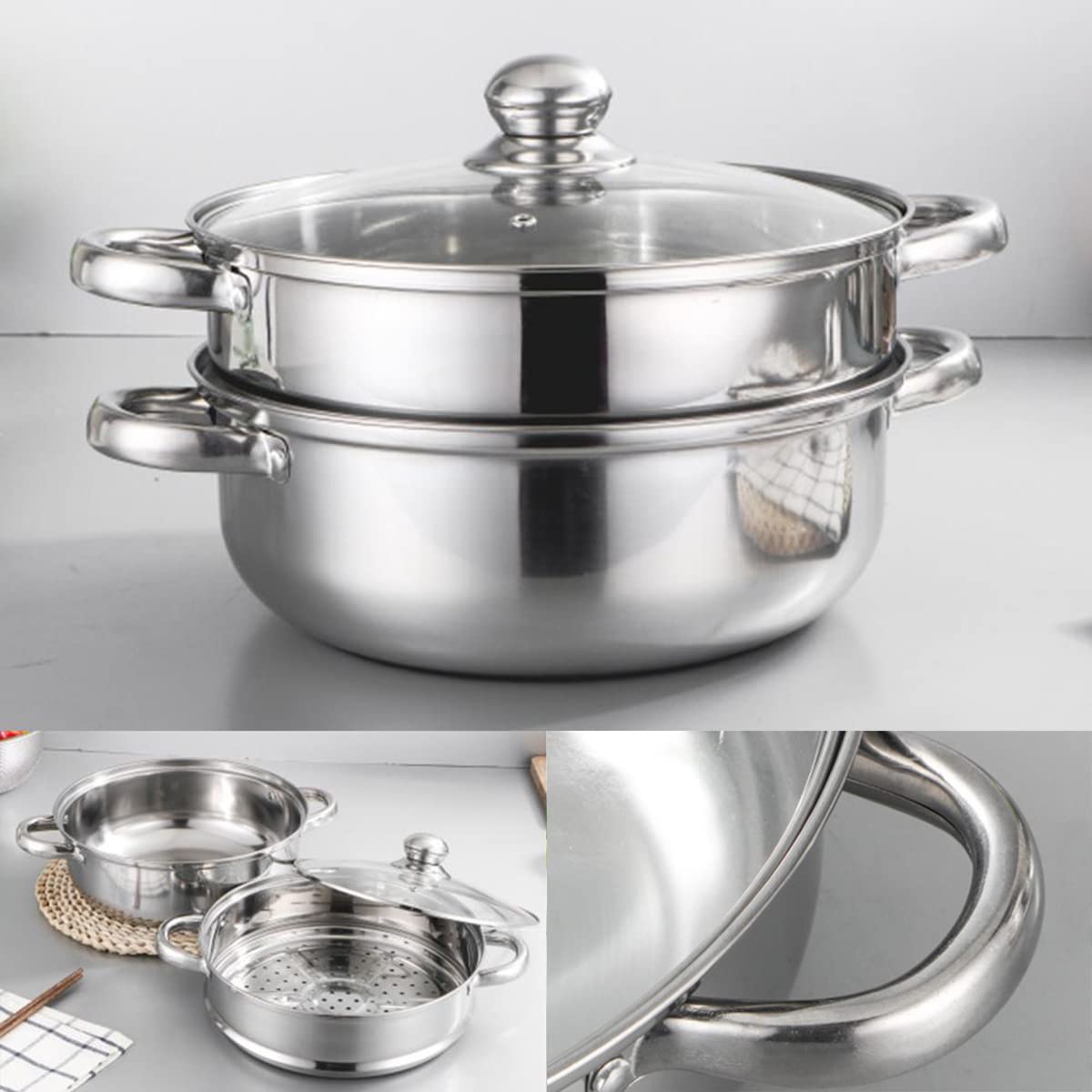 Steamer Pot for Cooking 11 inch Steamer Pot 2-tier Multipurpose 18/10 Stainless Steel Steam Pot Cookware with Lid for Vegetable, Dumpling, Stock, Sauce, Food Lcilent