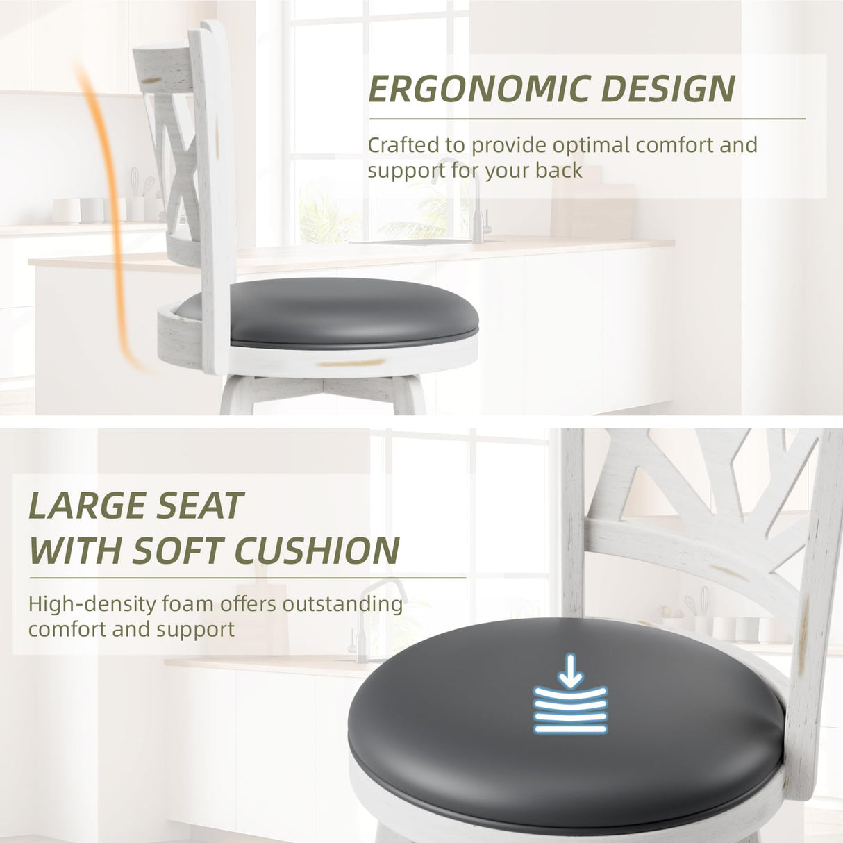 Buytime Swivel Bar Stools Set of 2, Farmhouse 24" Counter Height Barstools with Backs, Lotus Pattern Carved Bar Chair with Solid Wood Legs & Footrest for Kitchen Island, Home Bar, Pub (White, 24") Buytime