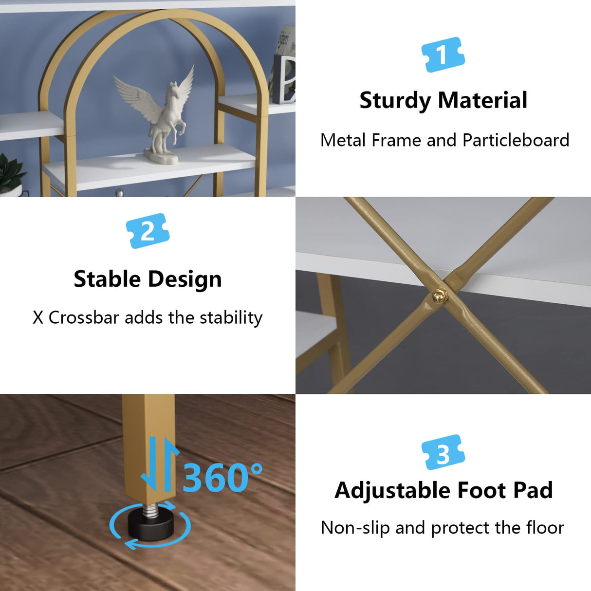 Gyfimoie Triple Wide Gold Bookshelf, 70.87" W x 71.34" H Large Modern Etagere Bookcase, Tall Display Shelf with 13-Tier Open Shelves, Freestanding Staggered Storage Shelf for Home Office (White/Gold) Gyfimoie