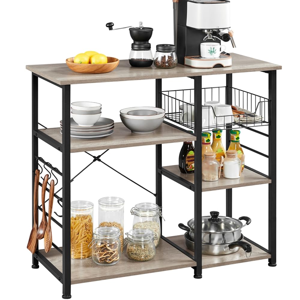 Yaheetech Kitchen Bakers Rack with Wire Basket, Coffee Bar Table Station Microwave Oven Stand Kitchen Utility Storage Shelf with 6 S-Shaped Side Hooks, Metal Frame, 15''D x 35.5''W x 33''H, Gray Yaheetech