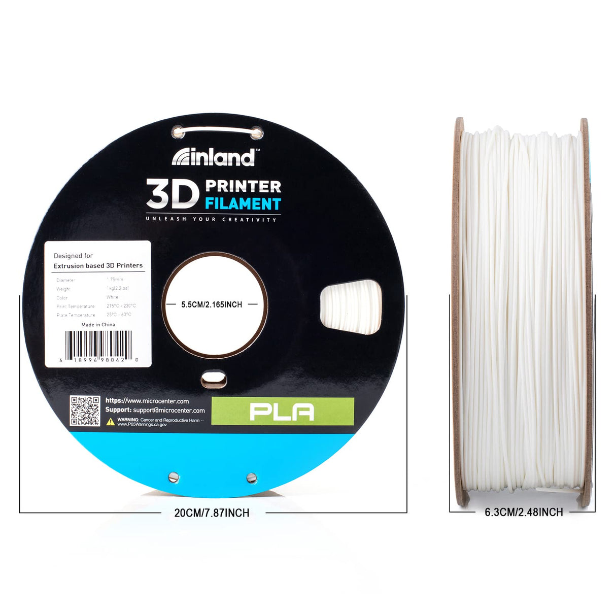 INLAND PLA Filament 1.75mm - White PLA 3D Printer Filament, Dimensional Accuracy +/- 0.03mm - 1kg Cardboard Spool (2.2 lbs) – FDM 3D Printing INLAND