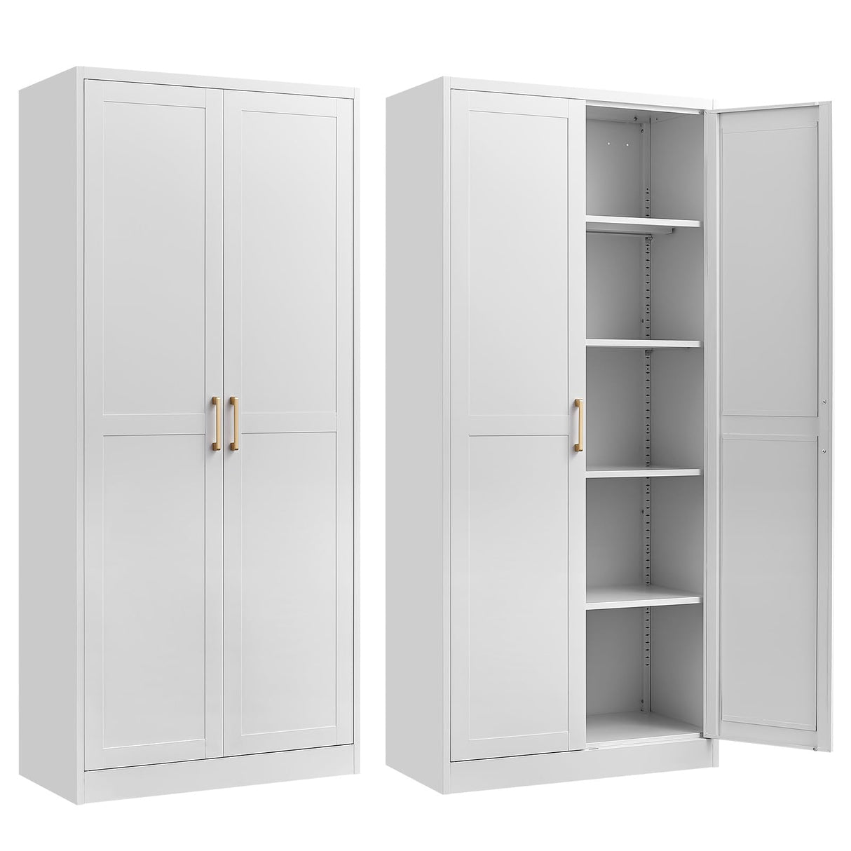 Kitchen Pantry Cabinet,71”White Metal Pantry Storage Cabinet with Doors and 4 Adjustable Shelves,Kitchen Cabinet with 2 Gold Handles,Tall Cabinet for Livingroom,Pantry, Bathroom,Kitchen SteeLoong
