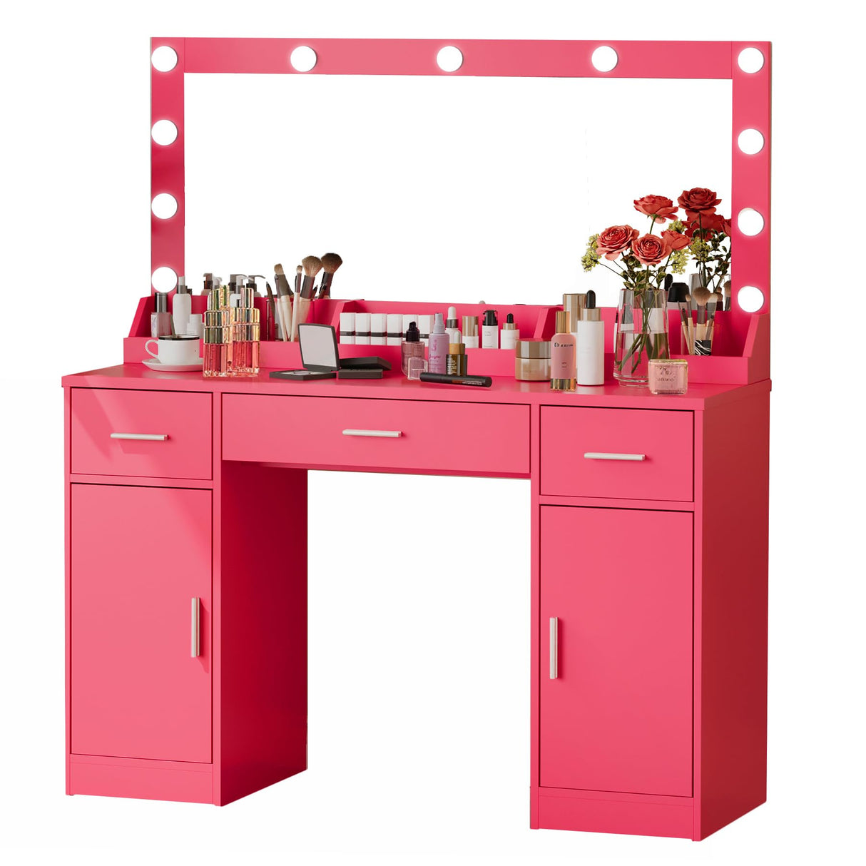 MIRROTOWEL 47.5” Vanity Desk with Large Mirror, 3 Colour Lighting Modes, Adjustable Brightness, Dresser with 3 Drawers & 2 Vertical Cabinets, Makeup Vanity Table for Women Girls Rose Pink MIRROTOWEL