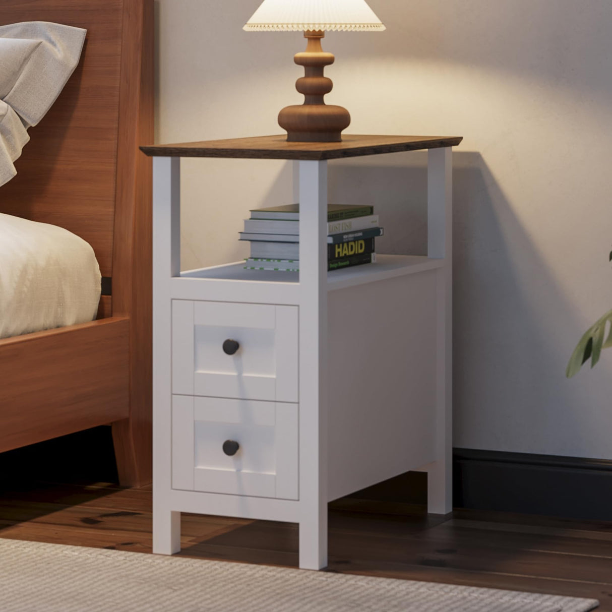 ChooChoo Farmhouse End Tables Set of 2, 3-Tier Narrow Nightstand with 2 Drawers, Slim Bedside Tables with Open Shelf for Small Space Living Room,White ChooChoo