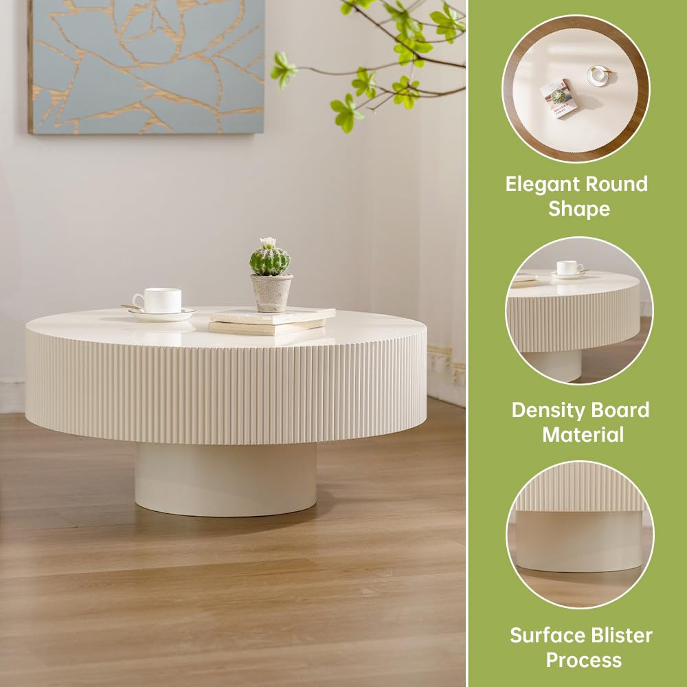 WUPDPQS Round Drum Coffee Table White Round Fluted Coffee Table Wood Circle Coffee Table Circular Pedestal Coffee Table Industrial Center Table for Farmhouse Living Room (White, 30.9 * 30.9 * 13.8") WUPDPQS