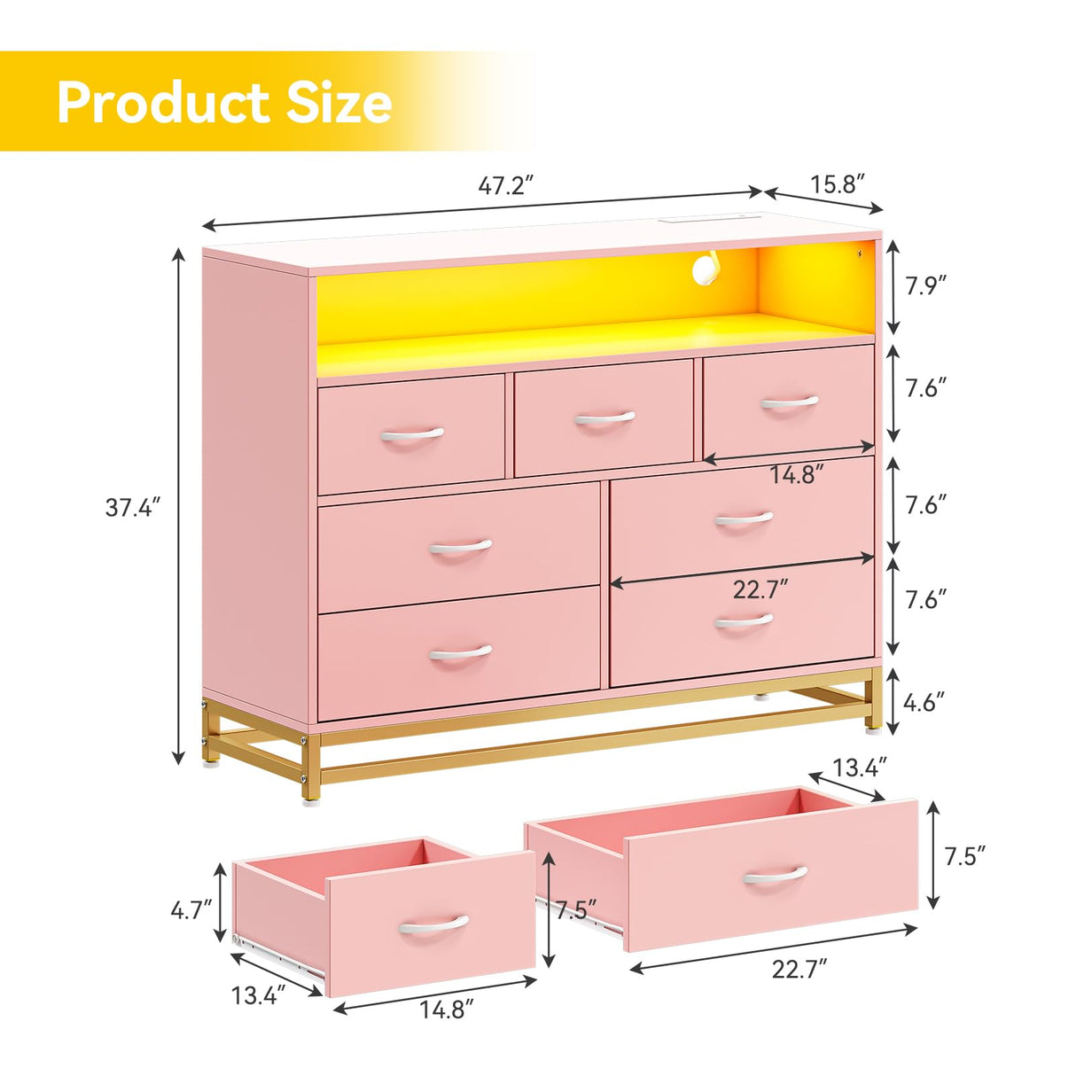 Pink Dresser for Bedroom, Modern 7 Drawers Long Dresser with Charging Station and LED Lights Design, Wooden Large Capacity Storage Chest of Drawers, Wide Dresser for Living Room, Hallway Patikuin