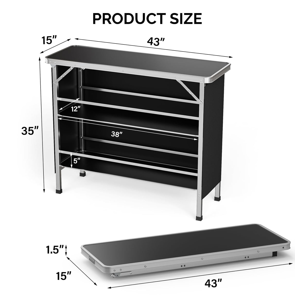 VINGLI 43" Foldable Portable Bar Table with 3-Tier Shelves for Events and Outdoor Use VINGLI