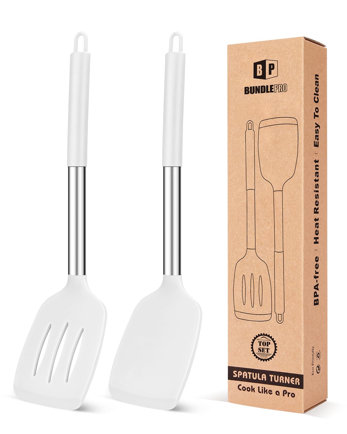 Pack of 2 Silicone Solid Turner, Non Stick Slotted Kitchen Spatulas, High Heat Resistant BPA Free Cooking Utensils, Ideal Cookware for Fish, Eggs, Pancakes(White) BUNDLEPRO