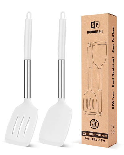 Pack of 2 Silicone Solid Turner, Non Stick Slotted Kitchen Spatulas, High Heat Resistant BPA Free Cooking Utensils, Ideal Cookware for Fish, Eggs, Pancakes(White)
