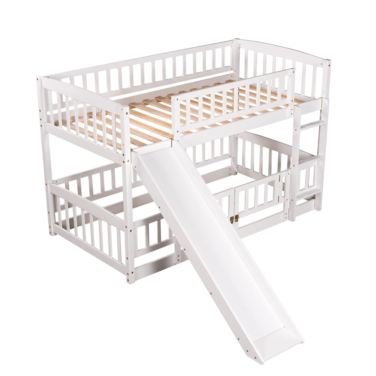 Low Bunk Bed with Slide Twin Over Twin Bunk Beds for Kids Toddlers, Wood Floor Beds Frame with Rails for Boys Girls Teens, White Bellemave