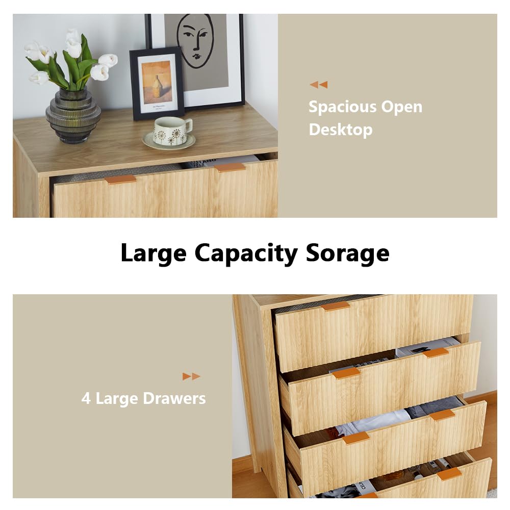 affeivul Mid Century Modern Dresser, 4 Drawer Dresser for Bedroom Wood, Boho Wooden Storage Cabinet Side Table with Solid Wood Legs, Tall Skinny Dresser for Closet, Living Room (Natural) affeivul