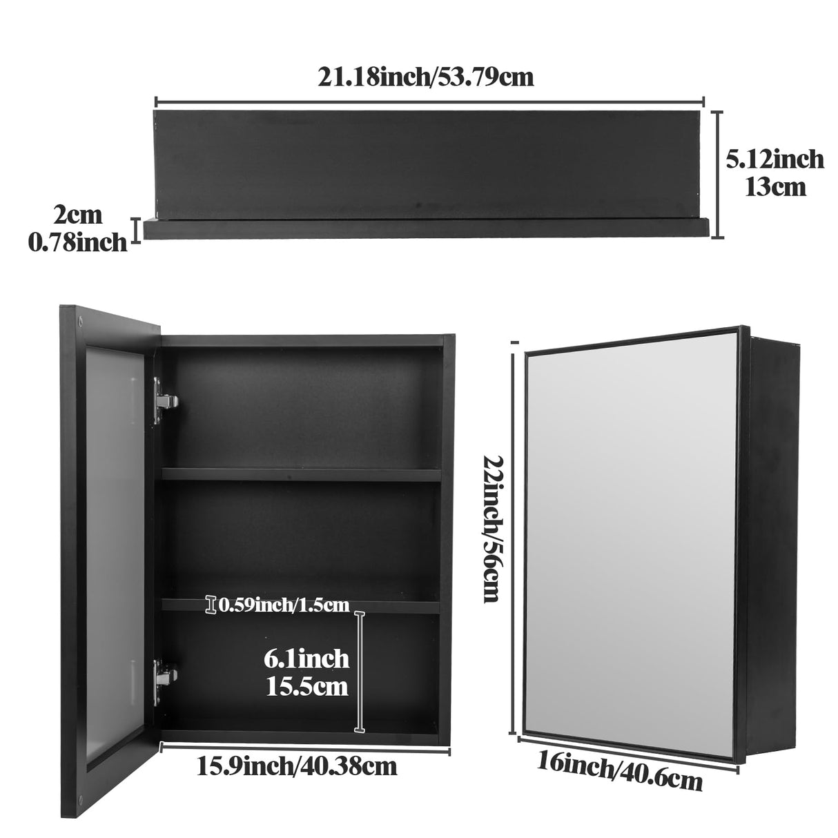 JBLCC Medicine Cabinet with Mirror (Full Assembled), 16''x22'' Aluminum Bathroom Mirror with Storage, Wall Mounted or Recessed Medicine Cabinet, Black JBLCC
