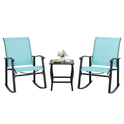 Shintenchi 3 Piece Rocking Bistro Set, Outdoor Furniture with Rocker Chairs and Glass Coffee Table Set of 3, Balcony, Porch Furniture for Small Space, Blue