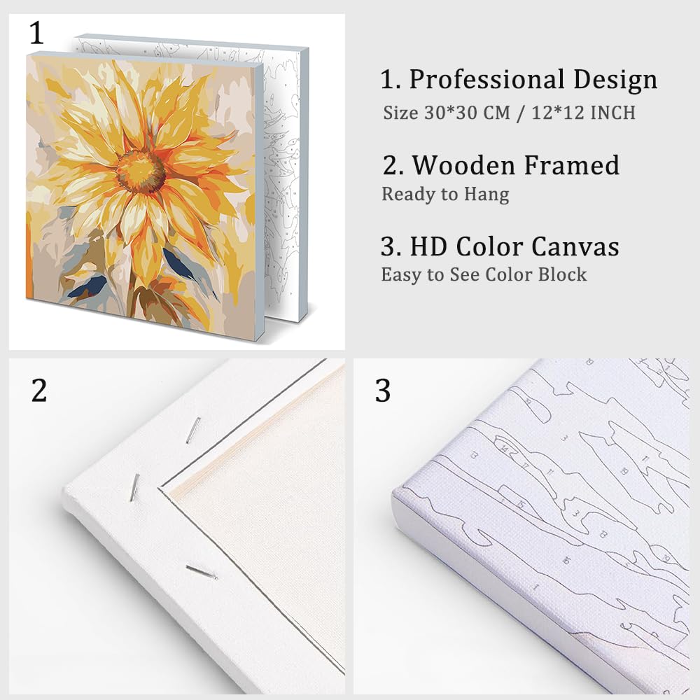 Natuyalo Framed Paint by Numbers Kit for Adults - Sunflower DIY Adult Paint by Number Kits Flowers Acrylic Canvas Painting for Adults Beginners Art Crafts with Frame, 12x12 Inch Natuyalo