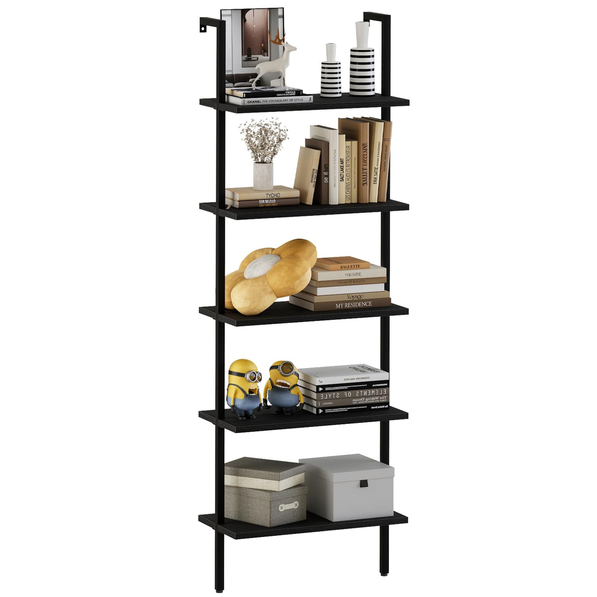 aboxoo Ladder Shelf Open 5-Tier Bookshelf Wall-Mounted Black Wood Bookcase Storage Rack Open Industrial Modern Plant Stand Utility Organizer Bookcase Metal Frame Furniture Office Bedroom aboxoo