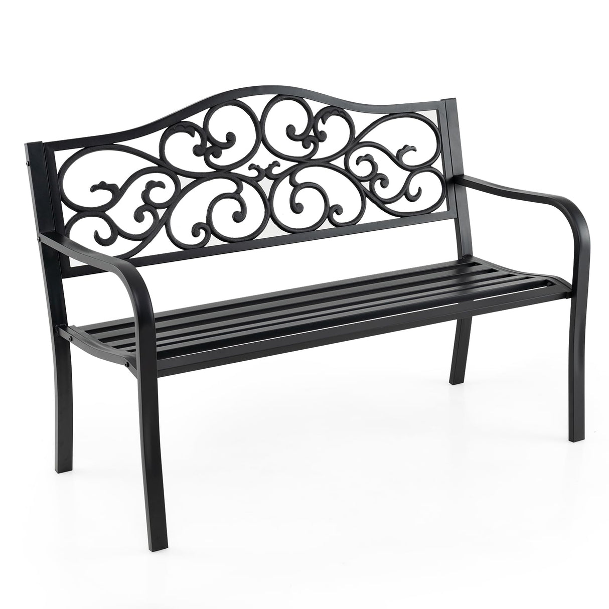 Tangkula 50 Inches Outdoor Garden Park Bench, Cast Iron Metal Patio Bench with Floral Design Backrest, Armrests and Slatted Seat, Outdoor Loveseat Chair for Porch, Lawn and Yard, Black Tangkula