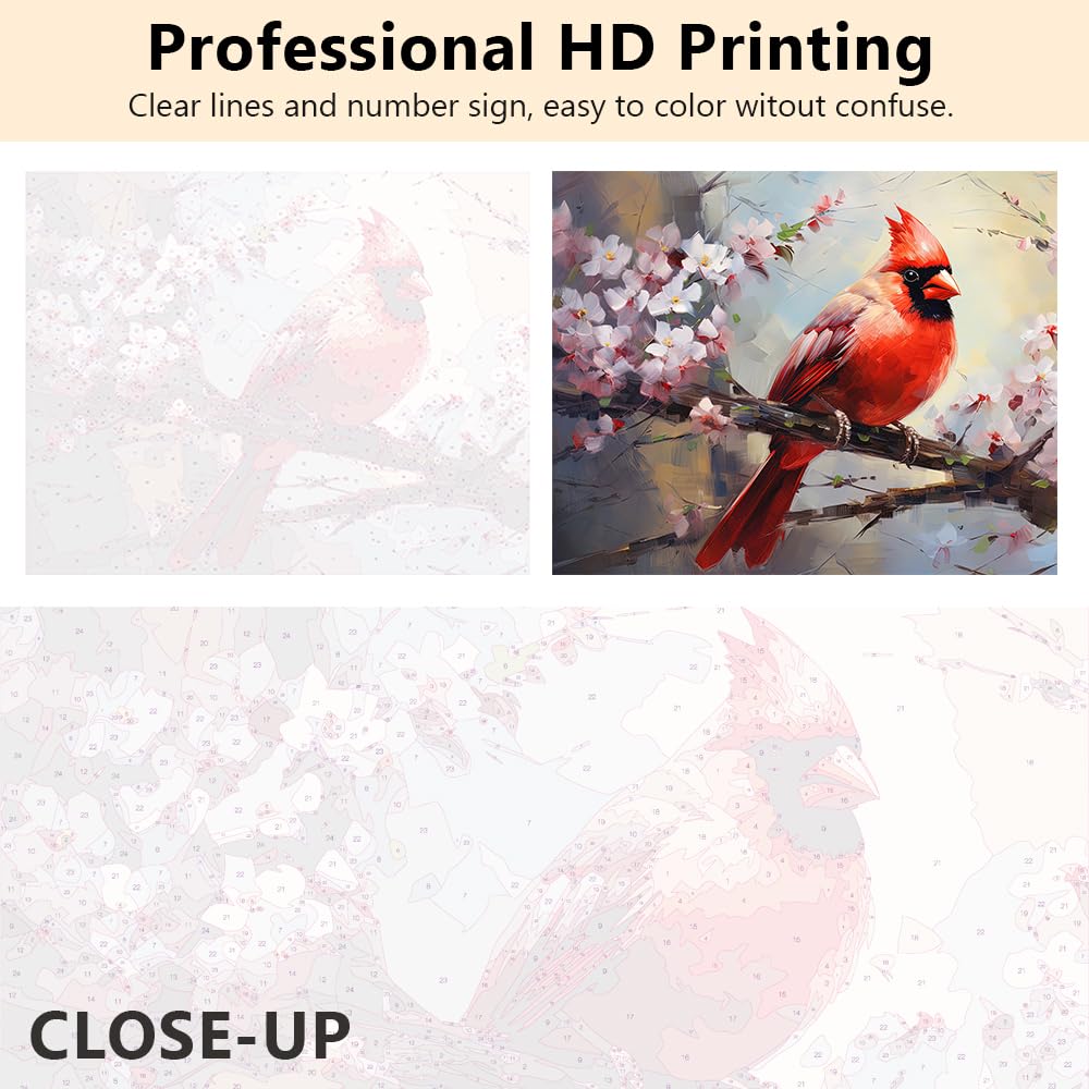 TUMOVO Animals DIY Oil Painting Kit, Bird Paint by Numbers for Adults, Cardinal Paint by Numbers with Brushes and Pigment, Canvas Arts for Wall Decor, 16x20 Inch, Frameless TUMOVO