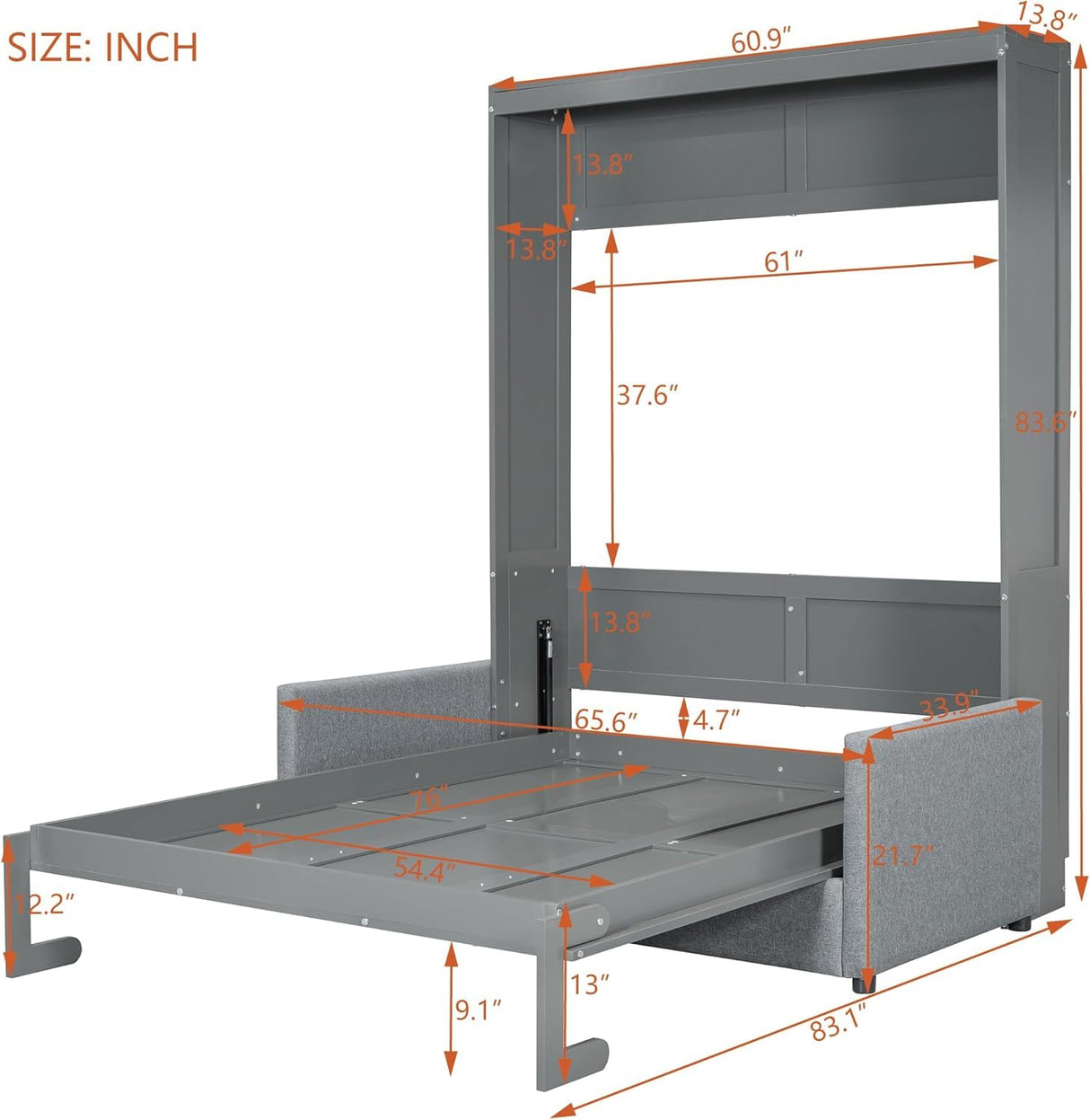 MERITLINE Full Murphy Bed with Couch,Wood Murphy Bed Cabinet with Sofa,Fold up Bed Grey Murphy Wall Bed Full Size MERITLINE