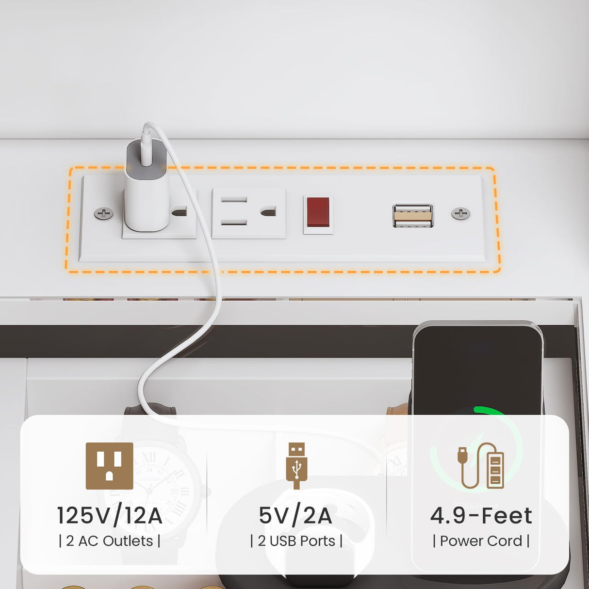 AOGLLATI Makeup Vanity with Lights in 3 Colors, White Vanity Desk with Mirror and Lights, Vanity Table with Charging Station, Makeup Desk with Visible Drawers, Hidden and Open Storage Shelves AOGLLATI