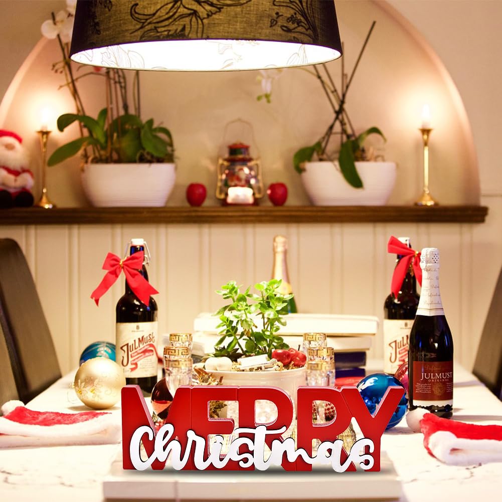 GHOSTMAGIC Merry Christmas Sign, Wooden Christmas Decoration Signs, Merry Christmas Wood Cutout, Free Standing Christmas Centerpiece, Xmas Party Decor for Table Tiered Tray Mantel (red) GHOSTMAGIC