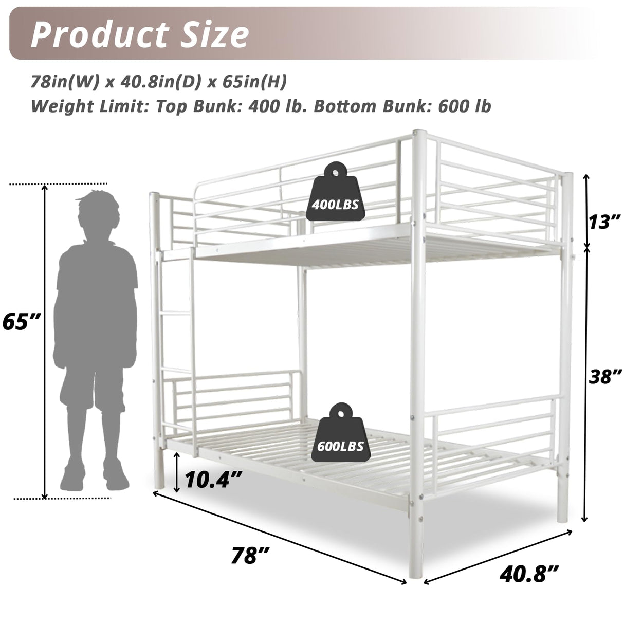 Karl home White Bunk Bed Twin Over Twin, Metal Bunk Bed with Built-in Ladder and Safety Guardrail, Space-Saving Twin Bunk Beds for Kids, Teens & Adults, No Box Spring Karl home