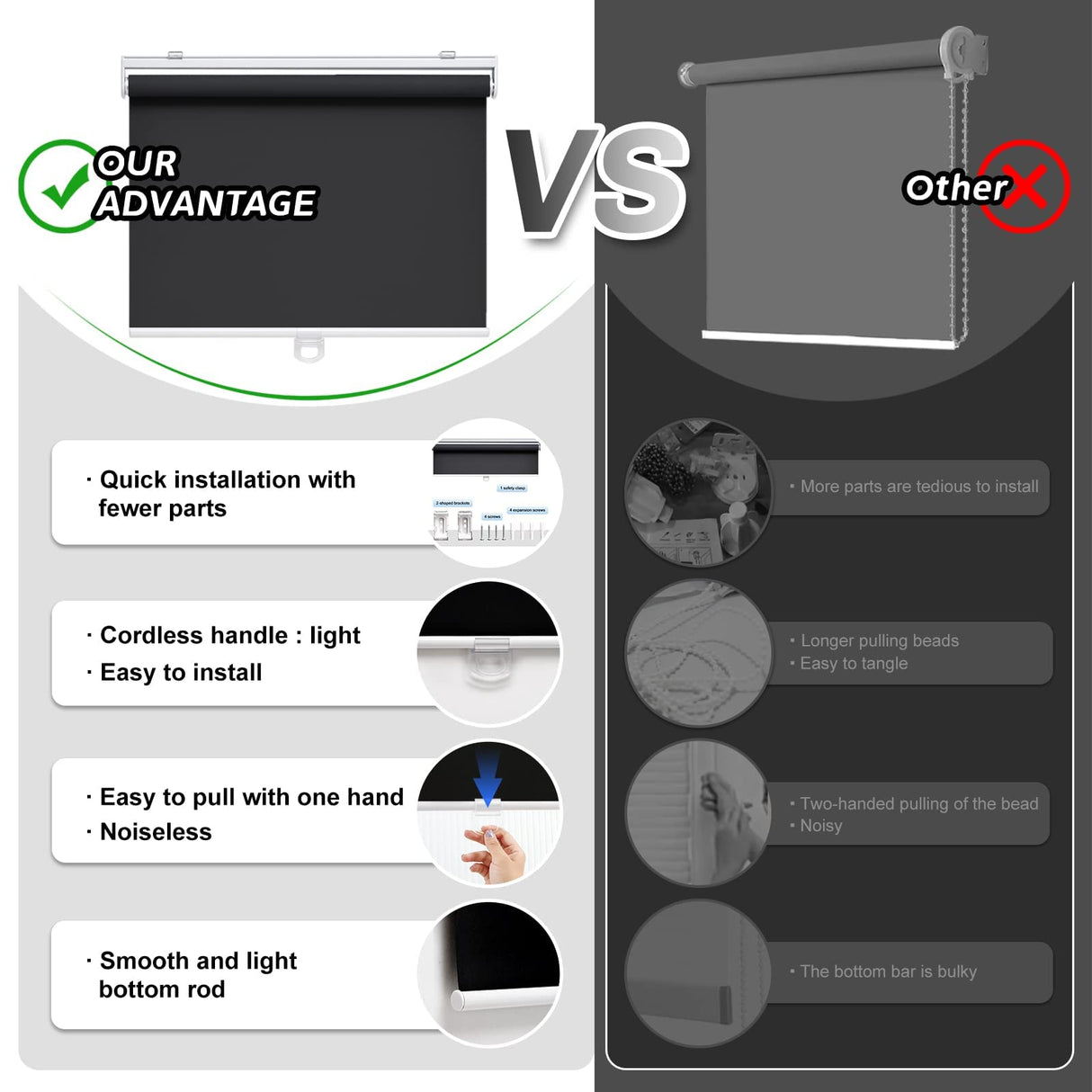 AOSKY Cordless Roller Shades Blackout Blinds for Windows Room Darkening Rolled Up Shades with Spring System, UV Protection Window Shades Door Blinds for Home and Office (23" W x 72" H, Black) AOSKY