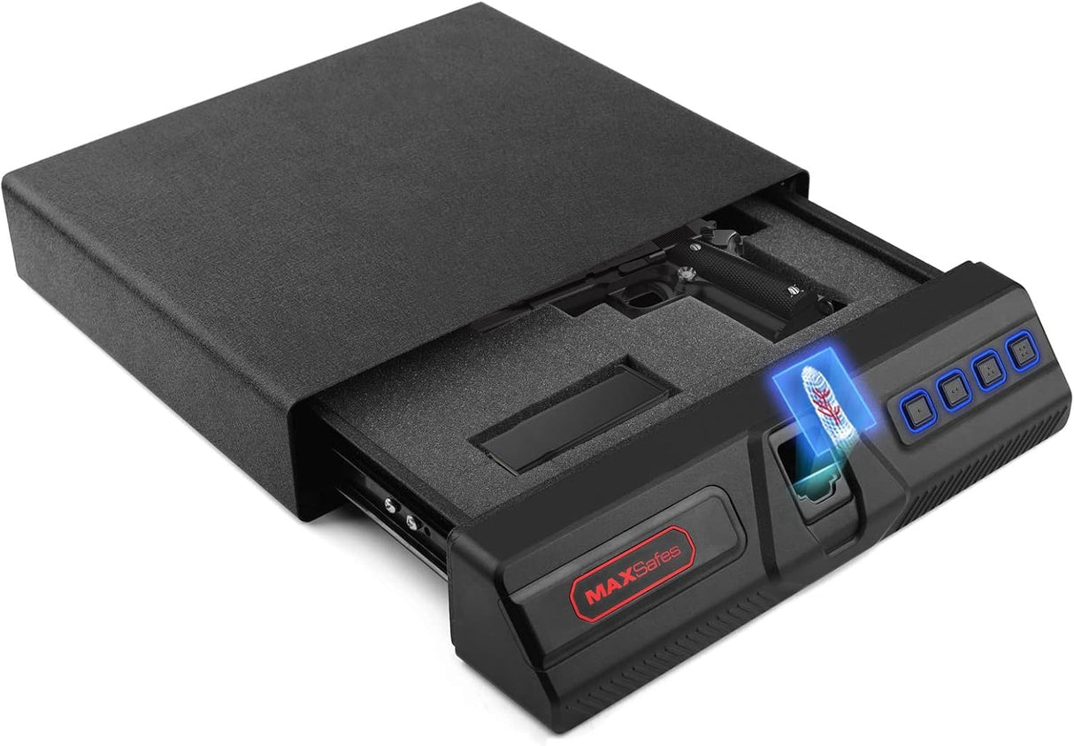 MAXSafes Slide-away handgun safe with Biometric Finger Vein Lock, Quick-Access, Under Desk Drawer Gun Safe for Home and Vehicle, 2 Pistols Safe Box, CA DOJ Approved (Store 50) MAXSafes