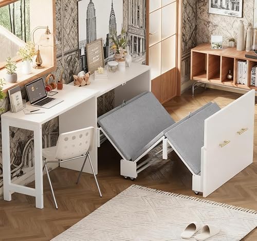 Bellemave Twin Size Murphy Bed, Cabinet Bed with Desk, Farmhouse Murphy Cabinet with Desk, Noisy Free, for Guest Bedroom, Living Room, Office, White Bellemave