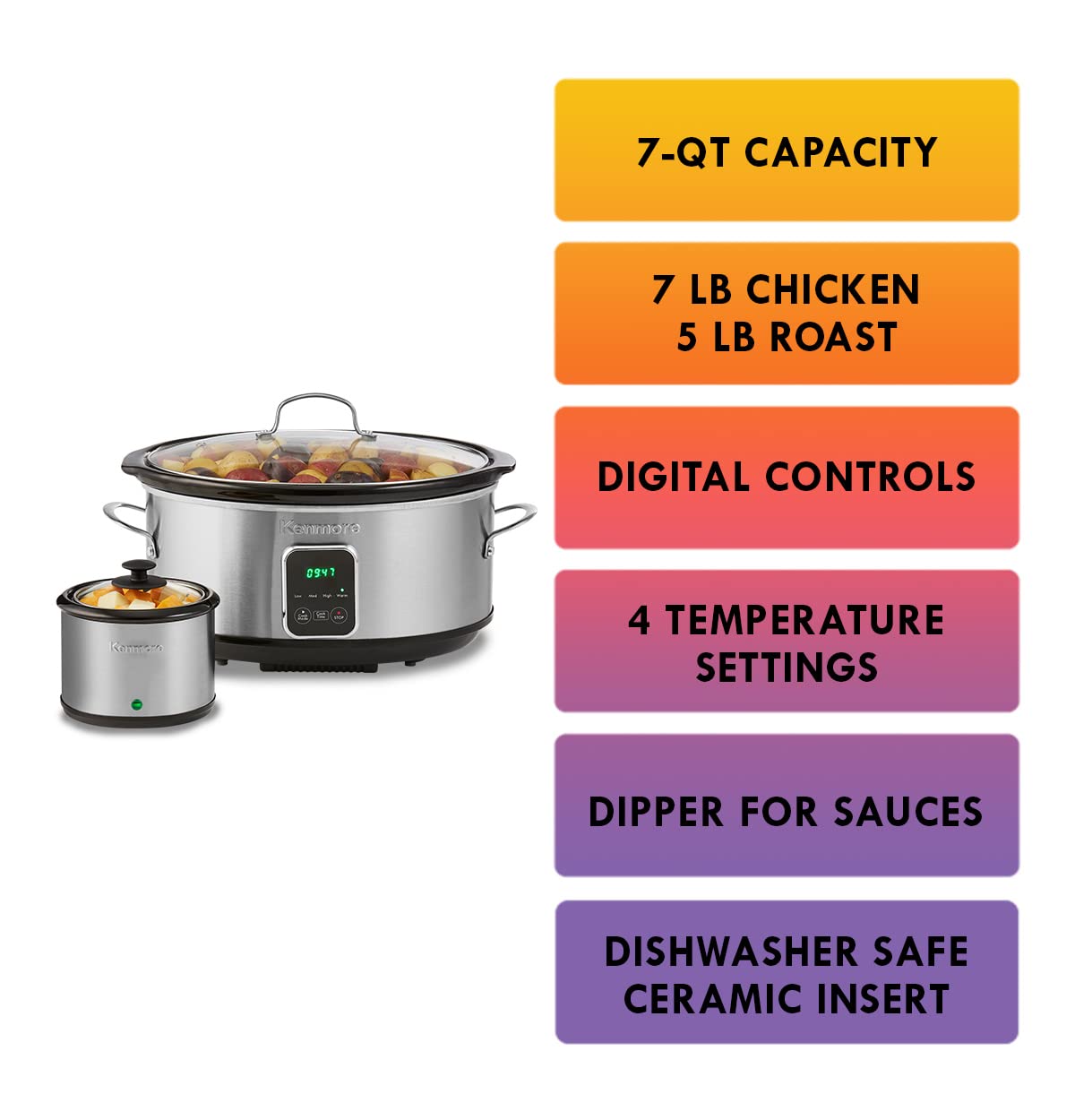 Kenmore 7 Quart Slow Cooker Programmable Kitchen Appliance Dipper Sauce-Warmer Stainless Steel Digital Display One-Touch Controls Braise Simmer Sous Vide Stew Soup Chili Curry Black and Silver Koolatron