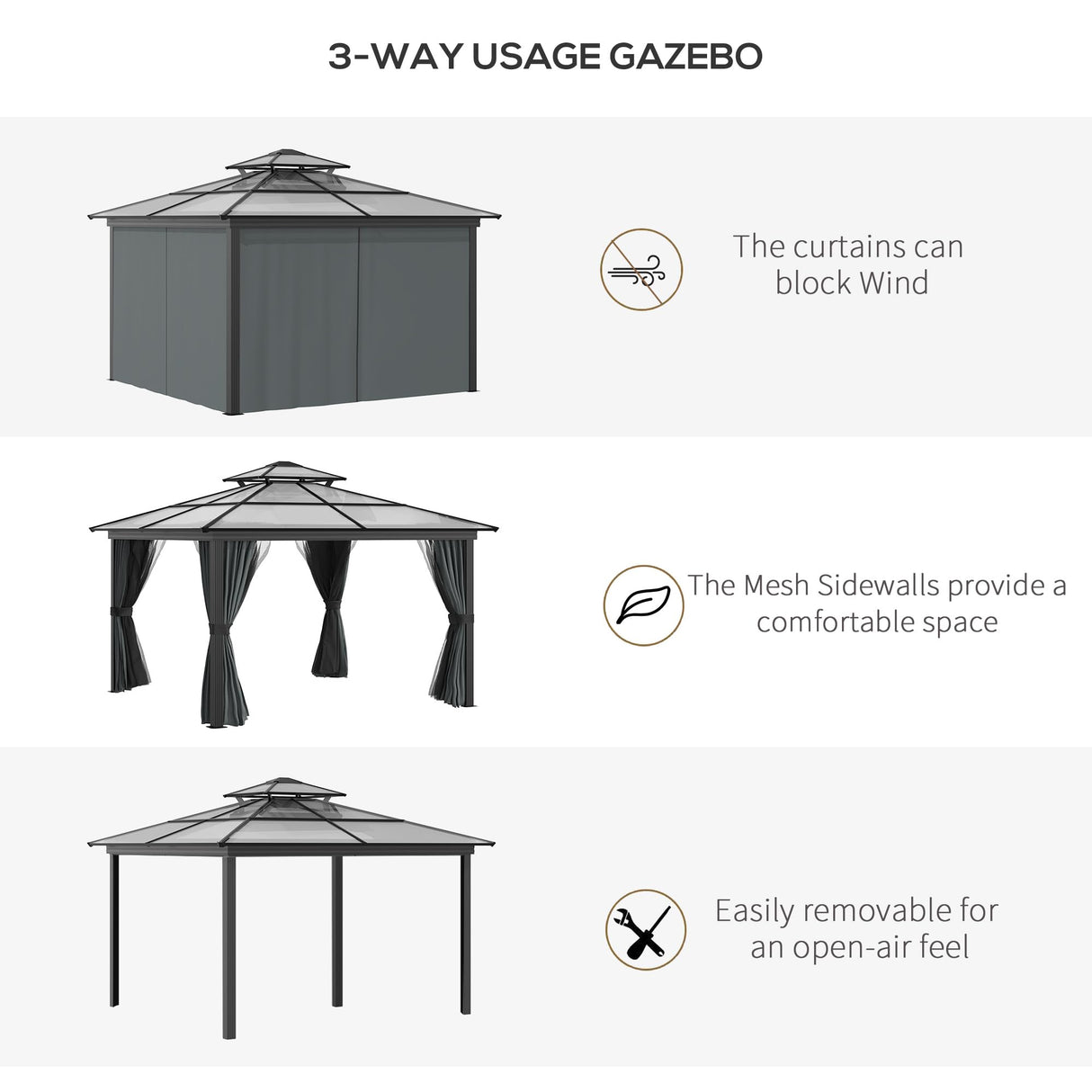 Outsunny 10' x 10' Hardtop Gazebo Canopy with Polycarbonate Roof, Aluminum Frame, Permanent Pavilion Outdoor Gazebo with Netting, for Patio, Garden, Backyard, Deck, Lawn, Black Outsunny