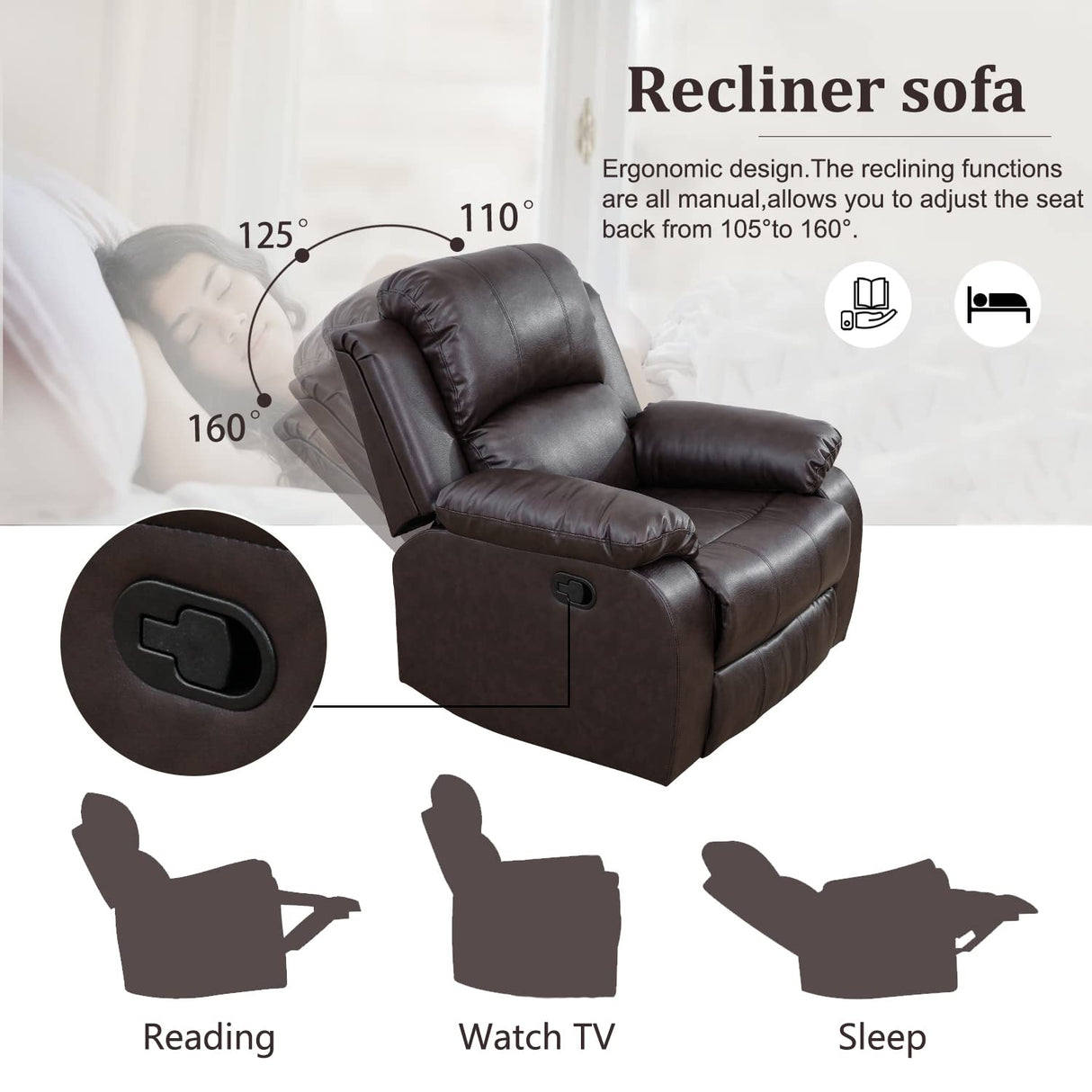 Ocstta Manual Leather Recliner Sofa Set for Living Room Furniture Set,Leather Recliner Couch Set for Home/Office,Leather Reclining Sofa Set for 3-Pieces(Sofa+Loveseat+Chair) Brown Ocstta