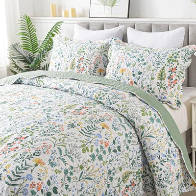 HoneiLife Floral Quilt King Size - 3 Pieces Microfiber Quilt Sets Lightweight Bedspreads Wildflower Coverlets Retro Bed Cover King Quilt Bedding Set All Season Quilts