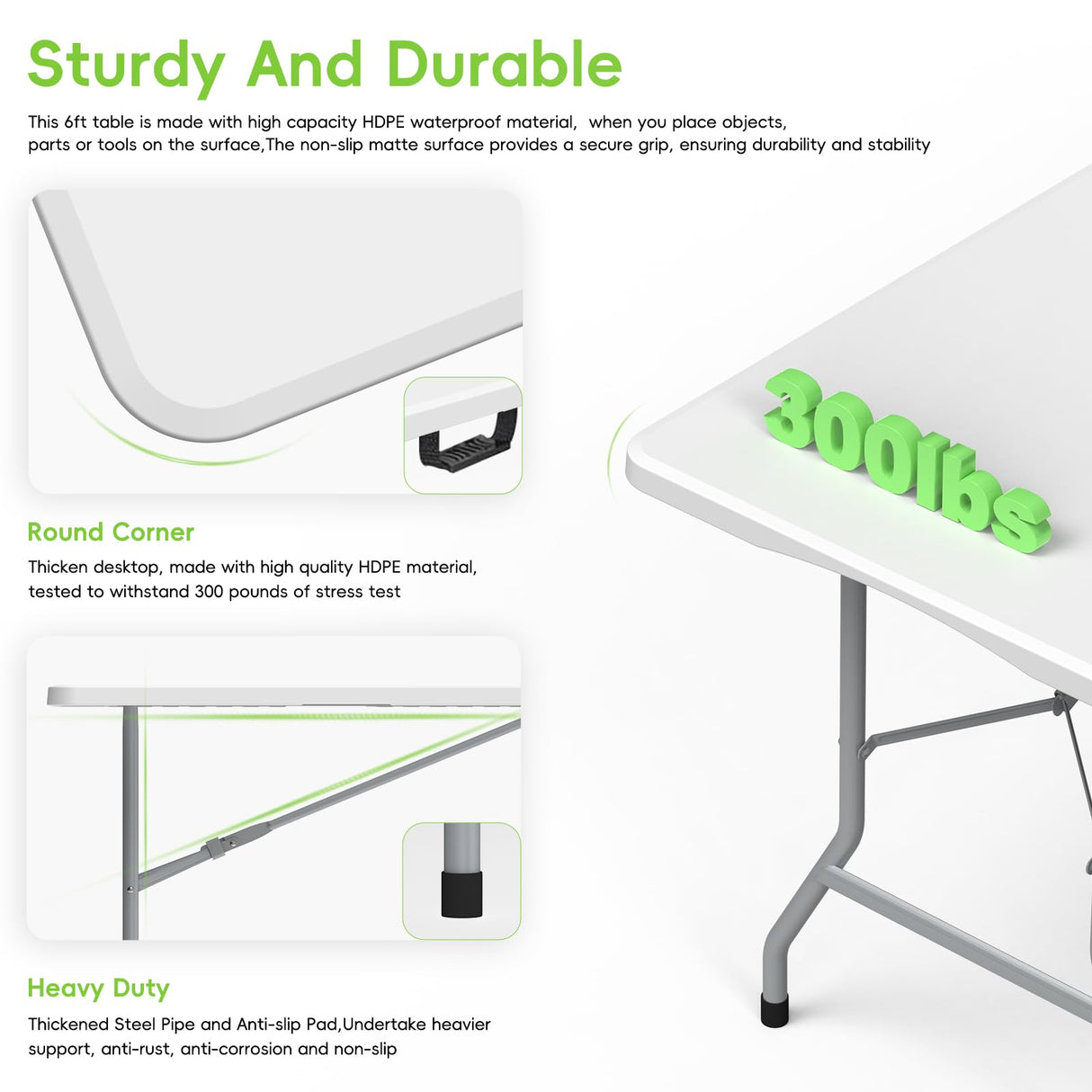 HLPB 6ft Folding Table with Handle & Safety Locks - Portable Picnic & Camping Table, Indoor/Outdoor Dining & Work Table for Weddings & Parties Plastic Construction HLPB