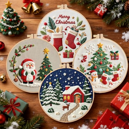 Christmas Embroidery Kits 4 Set DIY Needlepoint Kit for Adults Beginners Cross Stitch Kits for Craft Lover Christmas Gifts
