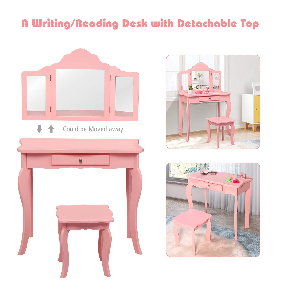 Costzon Kids Wooden Vanity Table & Stool Set, 2 in 1 Detachable Design with Dressing Table and Writing Desk, Princess Makeup Dressing Table with Two 180° Folding Mirror, for Girls, Kids (Pink) Costzon