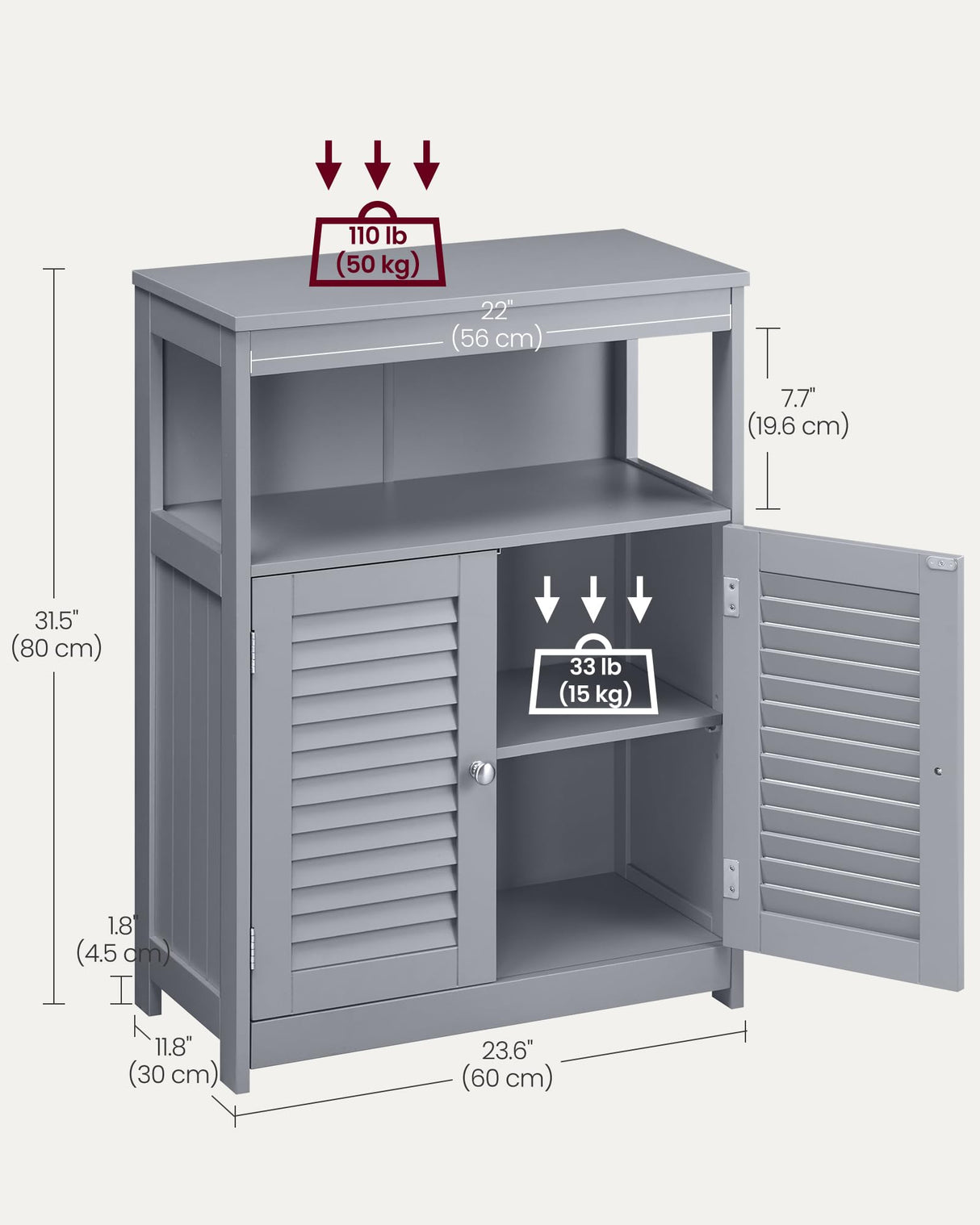VASAGLE Bathroom Floor Cabinet, Bathroom Storage Cabinet, Freestanding, with Double Shutter Doors and Adjustable Shelf, for Bathroom, Living Room, Entryway, Kitchen, Dove Gray UBBC040G02 VASAGLE