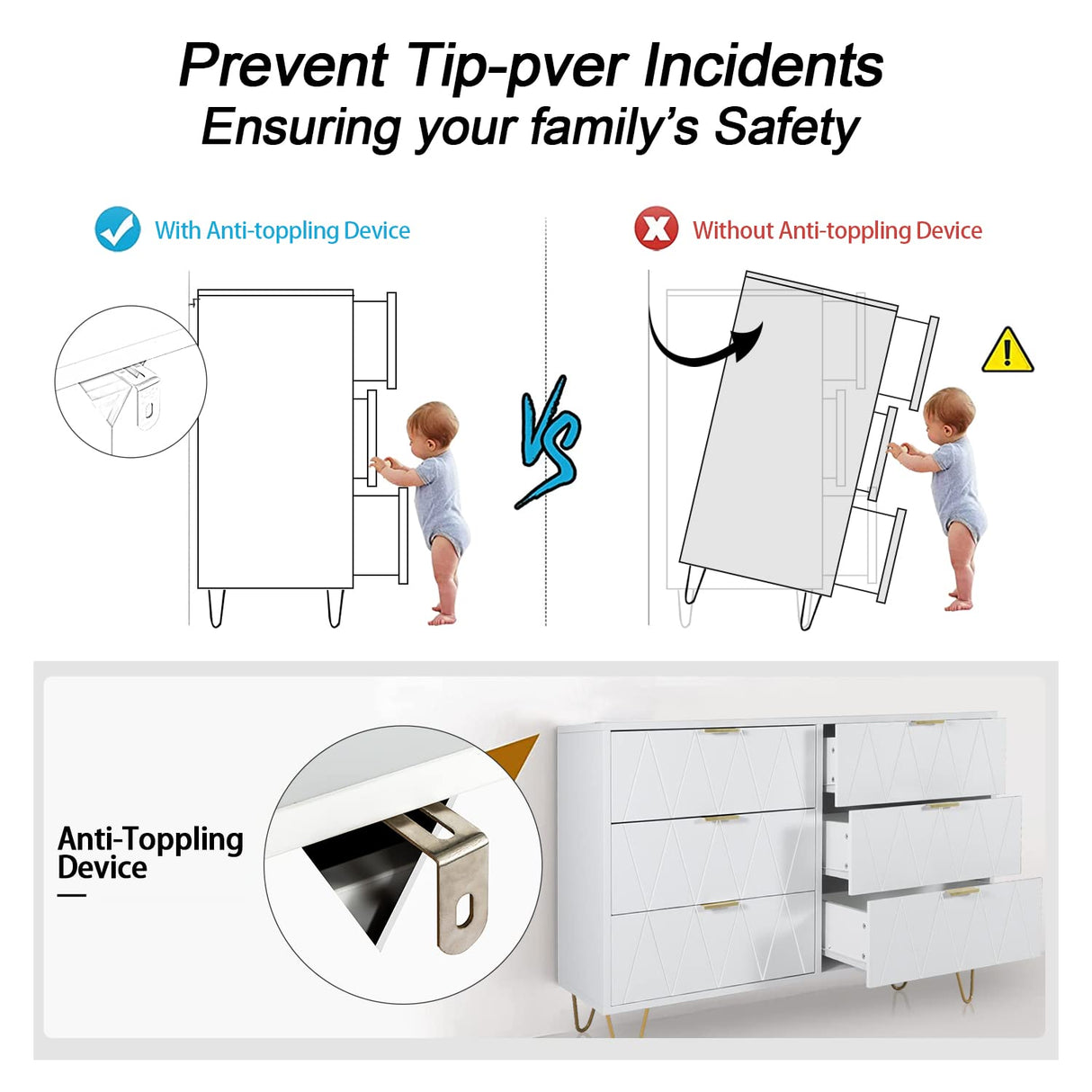 Anbuy 6 Drawer Dresser and Night stand Sets for Bedroom, Two Drawers Nightstand Set of 2 & 6 Drawer Dresser Combo 3 Pieces (White) Anbuy