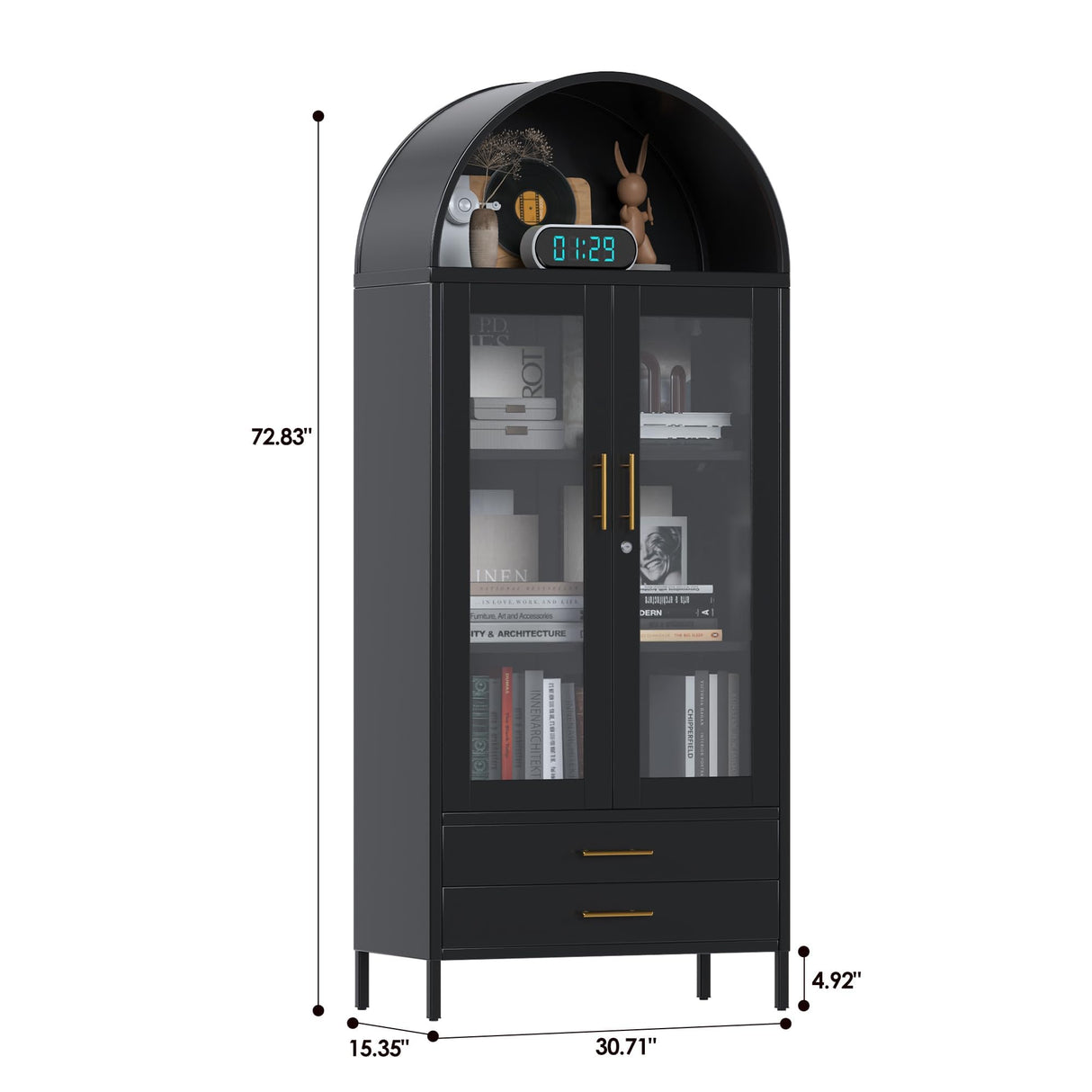 GangMei 73'' Metal Tall Arched Display Cabinet with Glass Doors, Freestanding Black Arch Bookcase with 2 Drawers, Kitchen Pantry Cabinet for Home Office Living Room GangMei