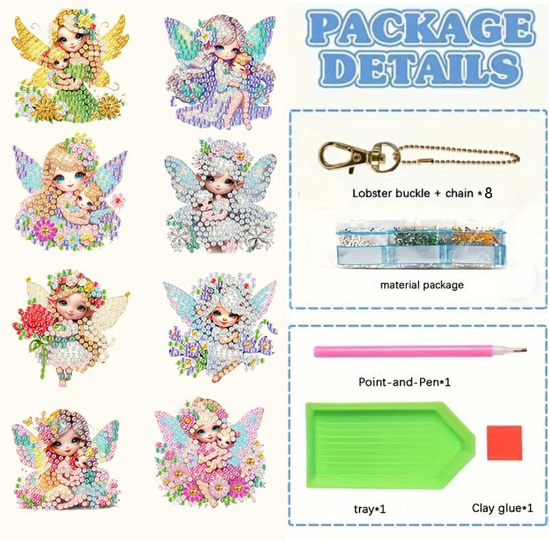 Masendp 8 Pieces 5D DIY Diamond Art Painting Keyring, Angel Fairy Double Sided Diamond Keychain, Mosaic Paste Painting Keychain, Diamond Art Pendant Jewelry Wallet Bag Decoration Masendp