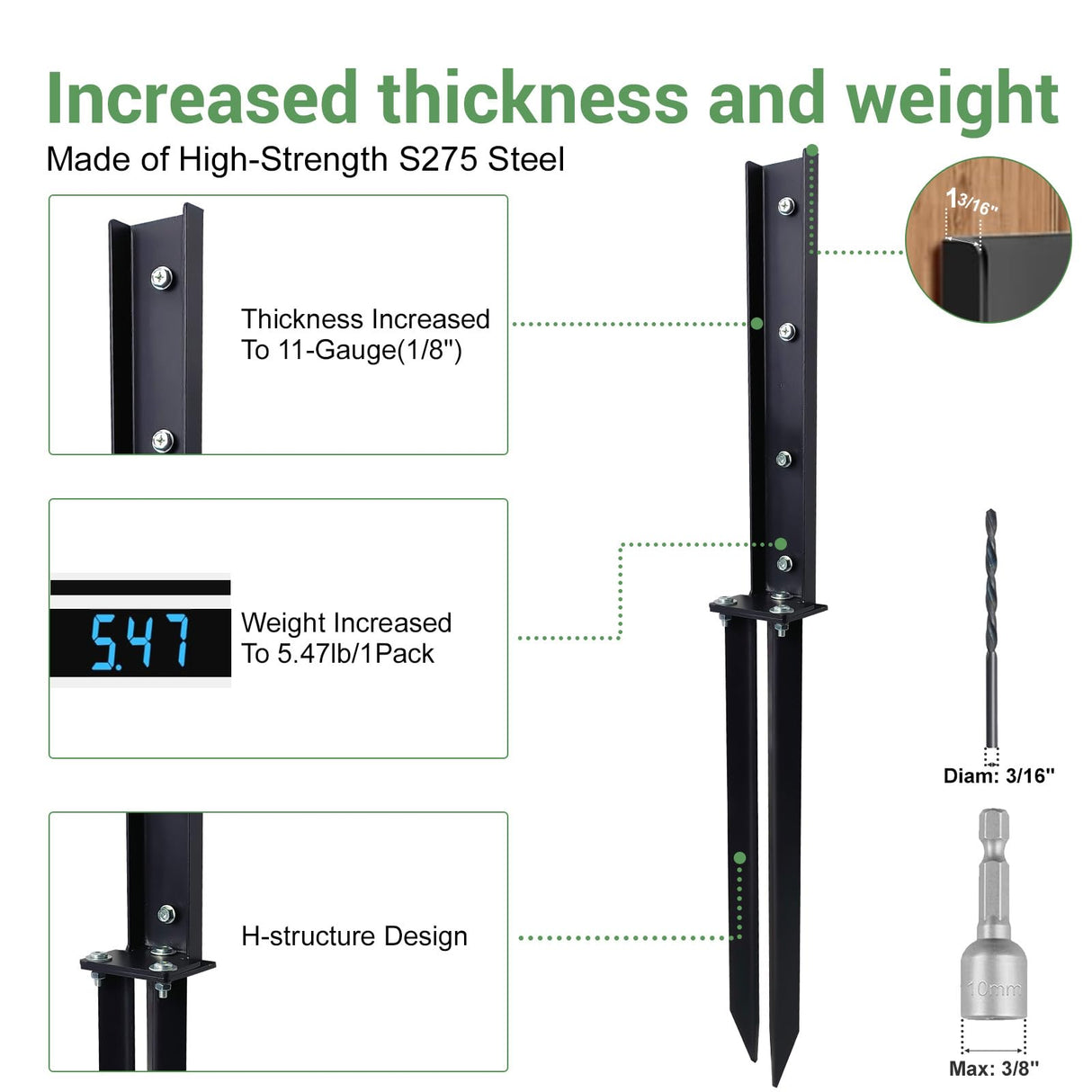 2 Pack Fence Post Repair Kit, Fence Post Anchor Kit, Heavy Duty Steel Fence Post Repair Stakes, Fence Post Anchor Ground Spike for Repairing Tilted Broken Wooden Fence Post, Black YSaekYeo