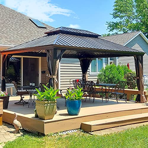 12' x 16' Hardtop Gazebo Outdoor Aluminum Gazebos Grill with Galvanized Steel Double Canopy for Patios Deck Backyard,Curtains&Netting by domi outdoor living Brown domi outdoor living